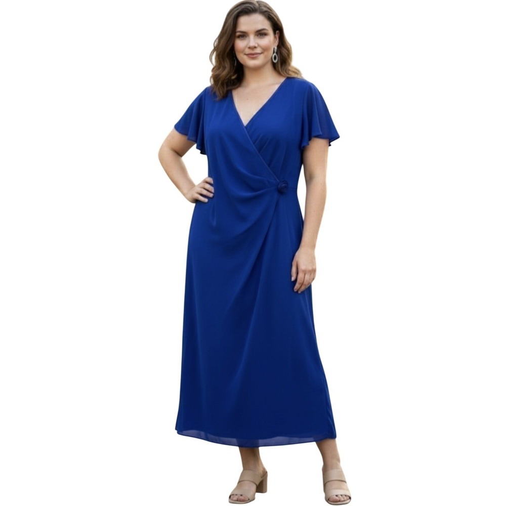 Vintage Y2K Karin Stevens Faux Wrap Dress Womens 18 Blue Rosette Wedding Guest